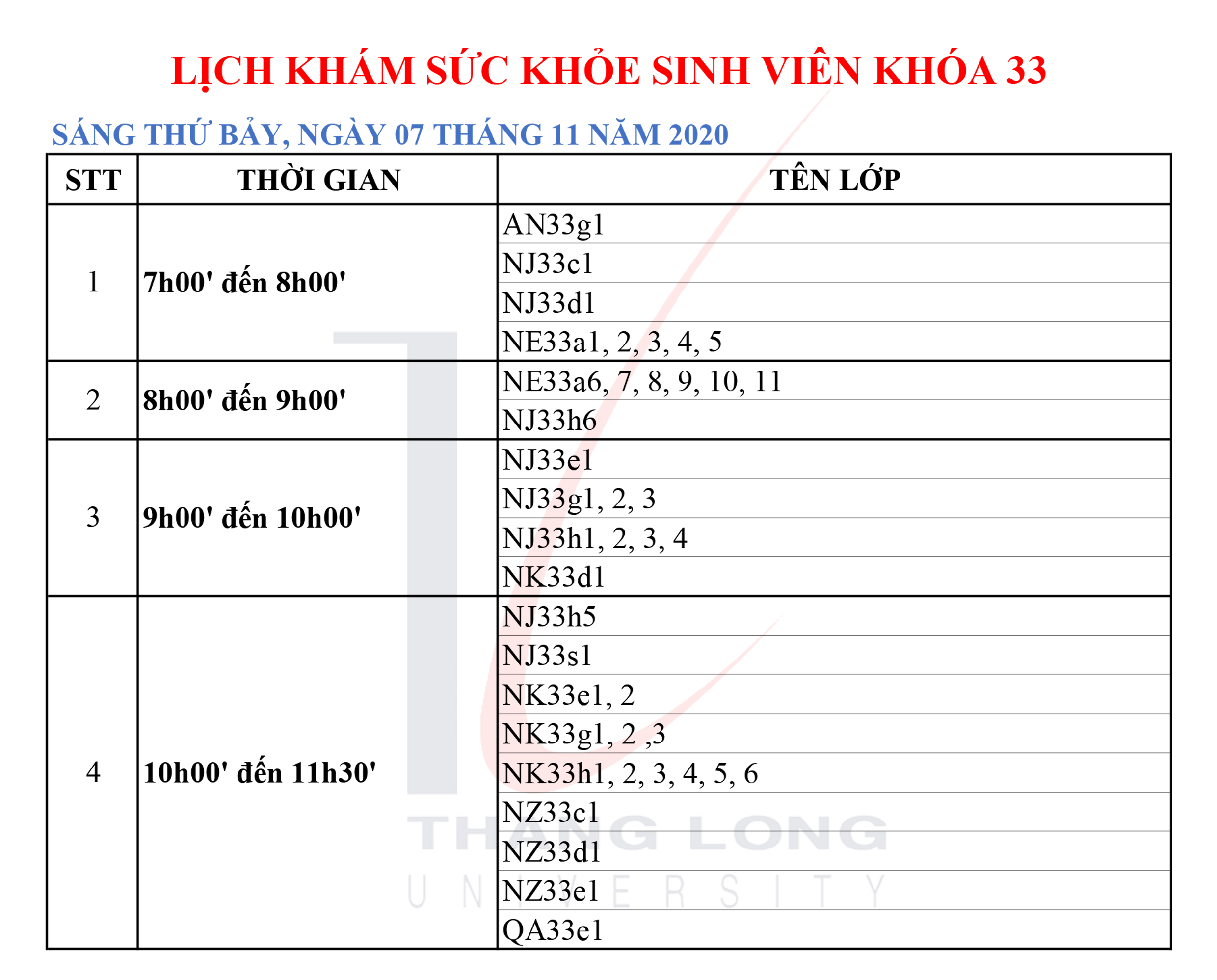 Lịch khám sức khỏe cho sinh viên khóa 33