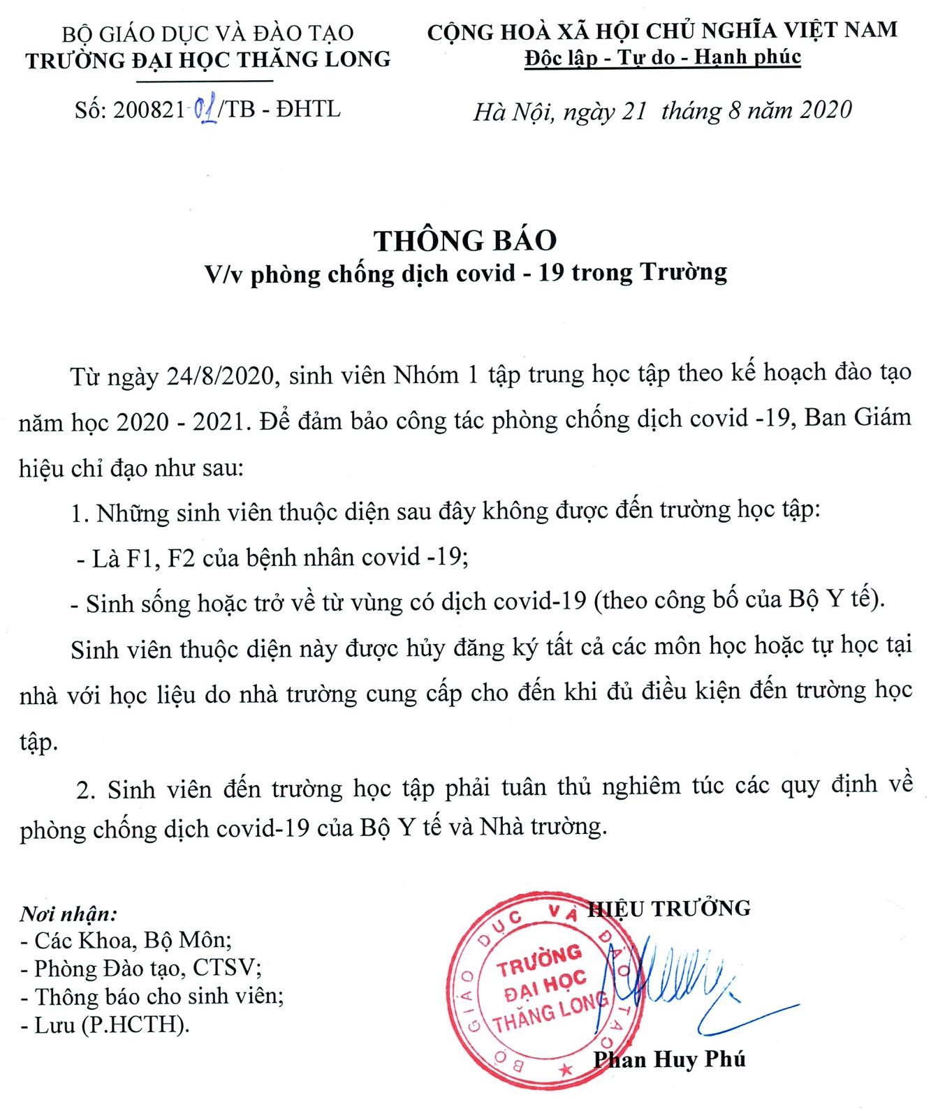 THÔNG BÁO Phòng chống dịch Covid-19 trong Trường